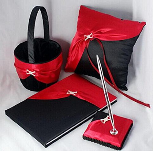 Wedding Ceremony Party Favors Set/Wedding Guest Book/Pen Set/Flower Basket/Ring Pillow Wedding Bridal Decoration Supplies - Black & Red