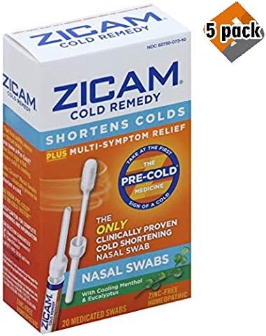 Zicam Cold Remedy Nasal Swabs, 20 Count, Cold-Shortening Nasal Swabs Clinically Proven to Shorten Colds. with Menthol and Eucalyptus - 5 Pack