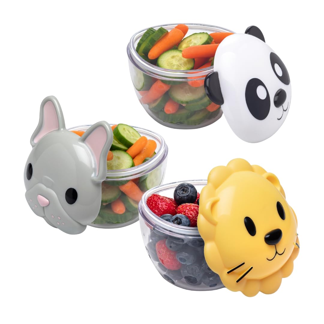 melii Animal Snack Containers with lids - Food Storage for Toddlers and Kids - Bulldog, Lion & Panda (Pack of 3)