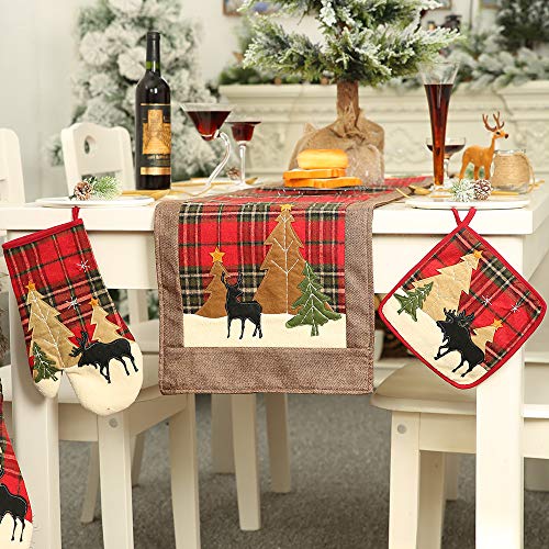 Homecube Christmas Cute Heat Resistant Oven Mitts and Pot Holders Set- Plaid Cotton Christmas Trees & Reindeer Hot Pads for Cooking and Baking Grilling Christmas Style
