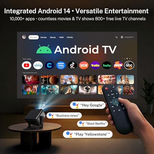 1080P Native 800 ANSI Smart Projector, Android 14, Supports 4K/8K, Air Mouse Remote Control, AI Auto Focus and Correction, WiFi 6 and BT 5.4, Hi-Res Audio, Netflix Compatible