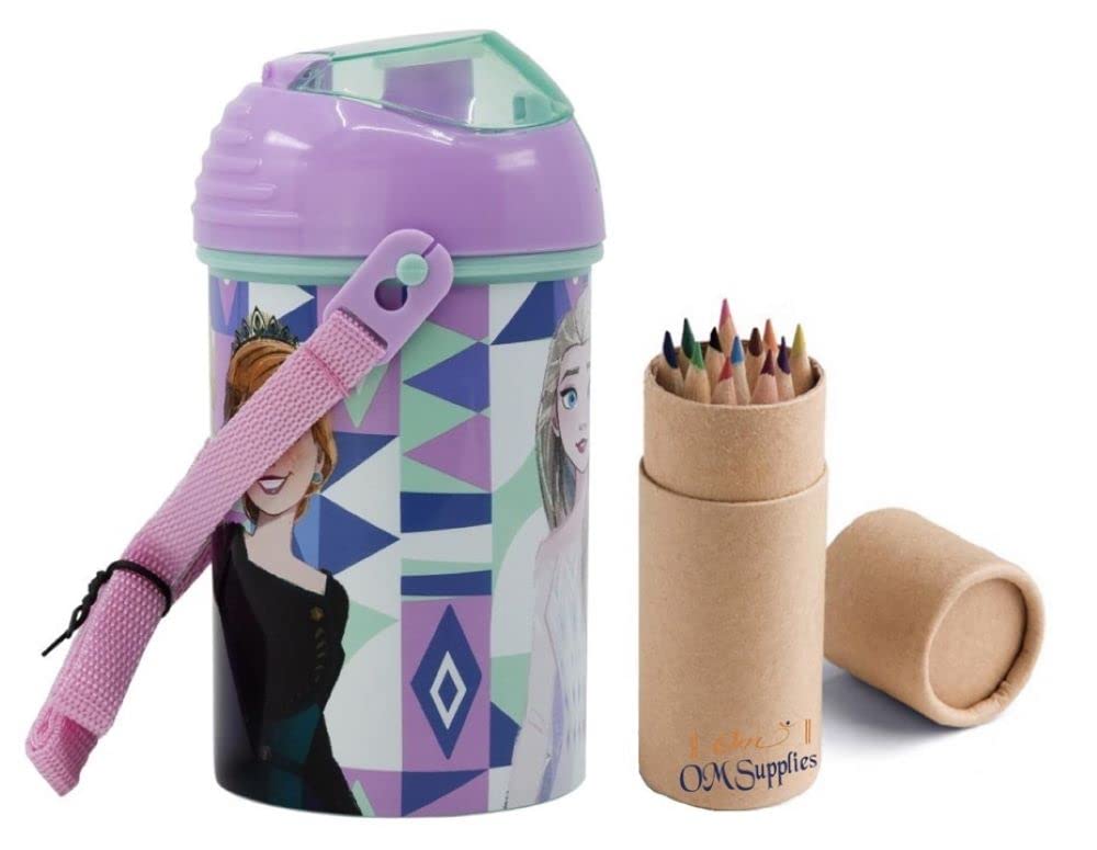 Frozen Pop Up Water Bottle Drink Bottle Flask with Neck Cord for Easy Carry School Lunch Kids Childrens 450ml Includes Half Size 12pcs Pencil Set (Frozen)