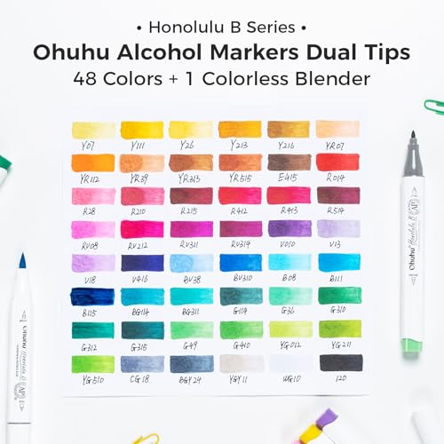 Ohuhu Marcadores de alcohol, pincel y punta fina, set de 48 colores para dibujo artístico, ilustración y coloreado para adultos - Honolulu B - Recargable