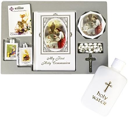 First Holy Communion Gift Set for GIRLS with Rosary, Childrens Missal Prayer Book, Holy Water Container, Scapular, Pin (White)