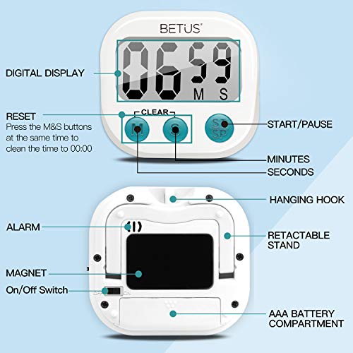 Betus 2 Pack Digital Kitchen Timer - Big Digits, Simple Operation and Loud Alarm - Magnetic Backing or Table Stand - Stopwatch Count Up and Down for Cooking Baking Sports Games Office - Thumbnail 6