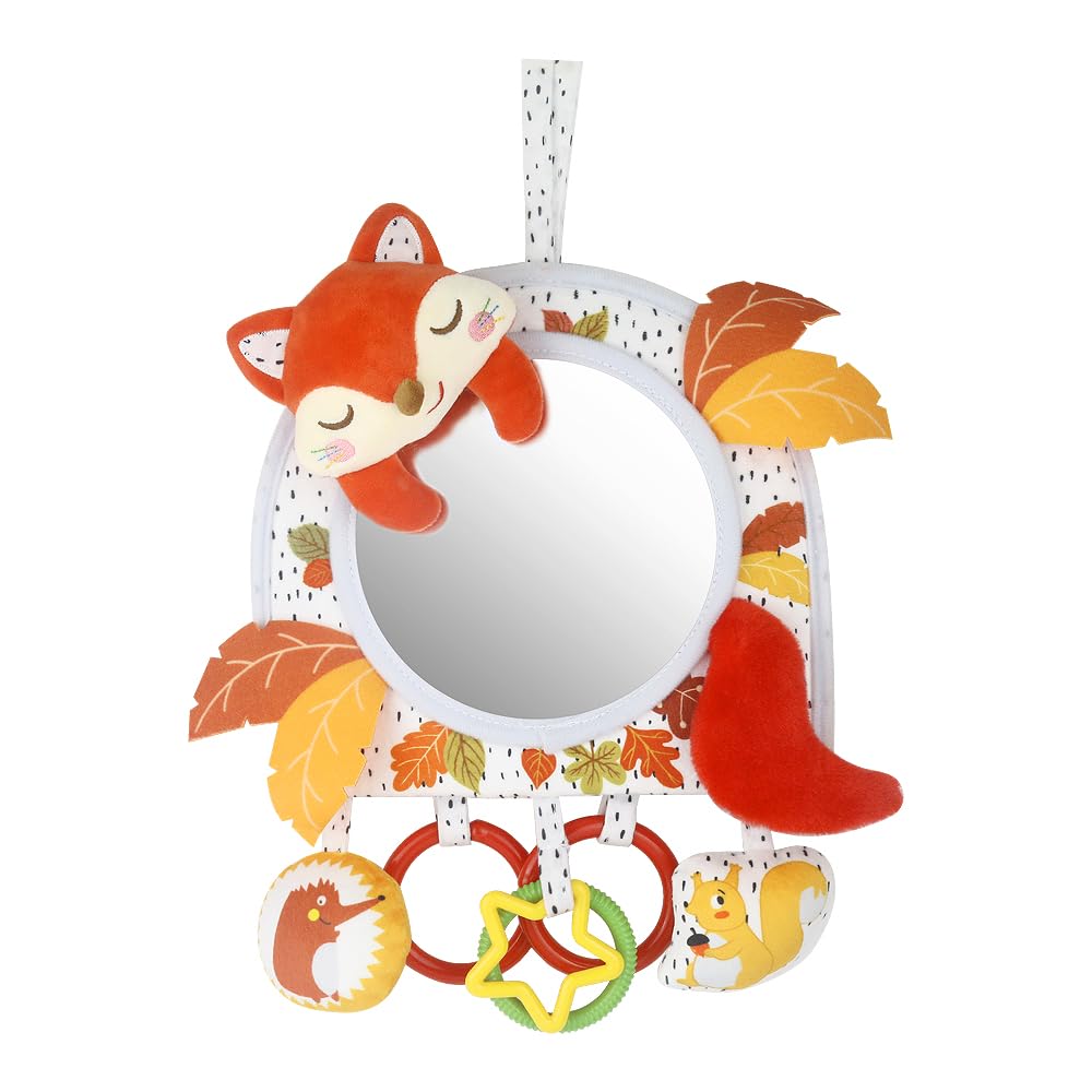 caterbee Baby Activity Hanging Toy with In-Sight Car Mirror, Adjustable for Car Seats, Strollers, Cribs, and Tummy Time, with Rattles, Crinkle Sounds, and Animal Design (Fox)