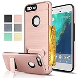 Google Pixel Xl Case, AnoKe [Credit Card Slots Holder][Not Wallet] Kickstand Hard Plastic PC TPU Soft Hybrid Shockproof Heavy Duty Protective Holster For Google Pixel Xl KC1 Rose Gold