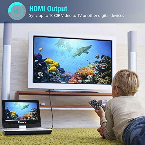 NAVISKAUTO 10.1" Portable Blu Ray Player with Rechargeable Battery Support HDMI Output, 1080P Video, Sync Screen, AV Out & in, Dolby Audio, Last Memory, USB SD