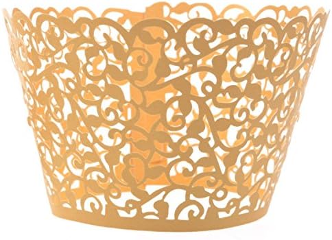Hual@ Cupcake Wrappers 100 Filigree Artistic Bake Cake Paper Cups Little Vine Lace Laser Cut Liner Baking Cup Muffin Case Trays for Wedding Party Birthday Decoration ( Gold)