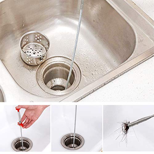 Omont Drain Clog Remover Drain Snake Drain Hair Remover Tool Kit,3 Pack 19.7 Inch Drain Auger 1 Pack 24 Inch Drain Relief 1 Pack 27.5 Inch Drain Cleanning Brush 1 Pair Housework Gloves