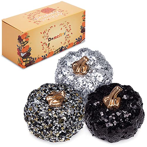 DomeStar Artificial Pumpkins, 3 PCS Glitter Fake Pumpkins Faux Pumpkins with Sequins and Fake Diamonds for DIY Halloween Thanksgiving Fall Harvest