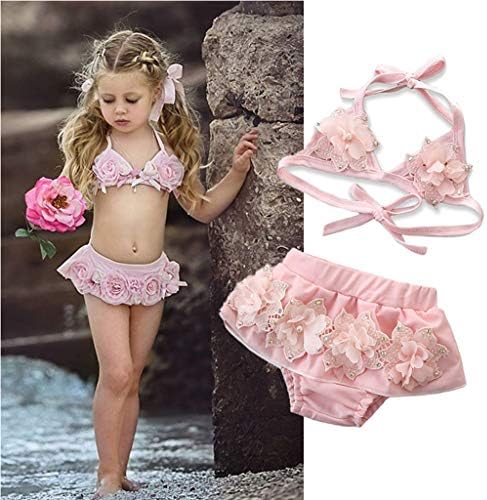 HUXINFEI Hanging Neck Bikini,Newborn Swimsuit Baby Girl Swimsuit 2PCS Bikin i Set,Toddler Summer Swimwear,Children's wear Beachwear Bathing Suit Princess Petal Costume 2-6Y,4T
