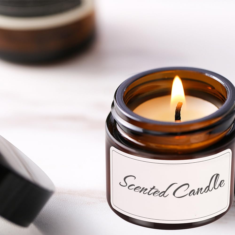 Bumobum 2 oz Small Glass Jars with Lids, Bumobum 48 pack Round Amber Glass Candle Jars with Black Lids, White Labels & Inner Liners, Empty Cosmetic Containers for Cream, Lotion, Slime