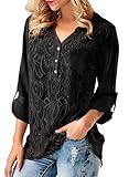 ZKESS Women Casual Tops V-Neck Cuffed 3 4 Long Sleeve Floral Lace Button Blouse Tops Black X-Large Size