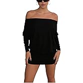 GORGLITTER Women's Off Shoulder Ruched Mini Dresses Poncho Long Sleeve Skinny Short Y2k Sheer Sexy Dress