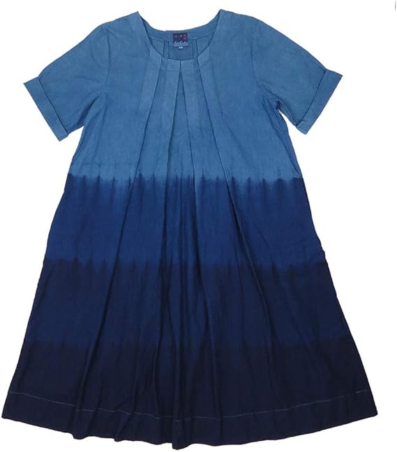 Amazon Co Jp 琉球藍染め 半袖 タック ａライン ワンピース 綿麻混紡 服 ファッション小物