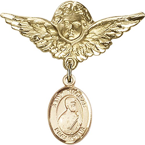 14kt Yellow Gold Baby Badge with St. Thomas the Apostle Charm and Angel w/Wings Badge Pin 1 1/8 X 1 1/8 inches