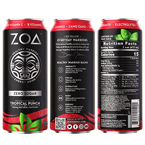 ZOA Energy Drink, Tropical Punch 16 Fl Oz Zero Sugar, Vitamins