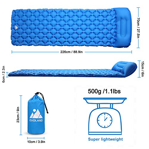 EVOLAND Ultralight Sleeping Pad for Camping, Inflatable Lightweight Compact Camping Sleeping Air Pads with Pillow for Backpacking, Hiking