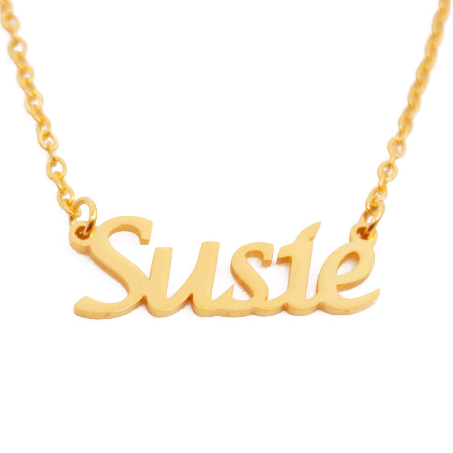 Kigu Susie Name Necklace Personalised 18ct Gold Plated, Custom Dainty Name Pendants, Jewellery for Ladies, Girlfriend, Mother, Sister, Friends Inc Bag & Box