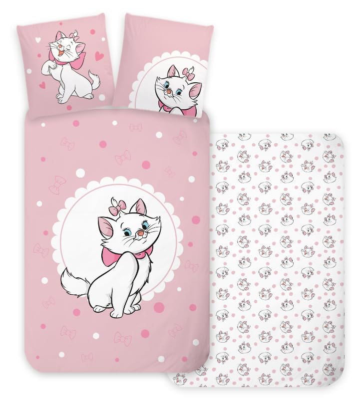 BrandMac Marie Aristocats 3-Piece Bedding Set - 100% Cotton - Duvet Cover 140 x 200 cm + Pillowcase 65 x 65 cm + Fitted Sheet