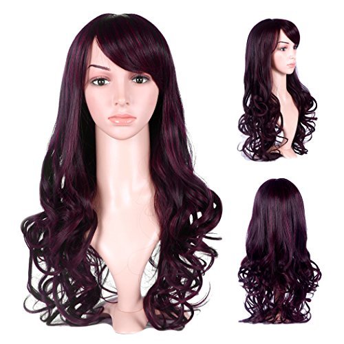 Dreamlover Long Curly Side Bang Wavy Wig With Wig Cap Wine Red