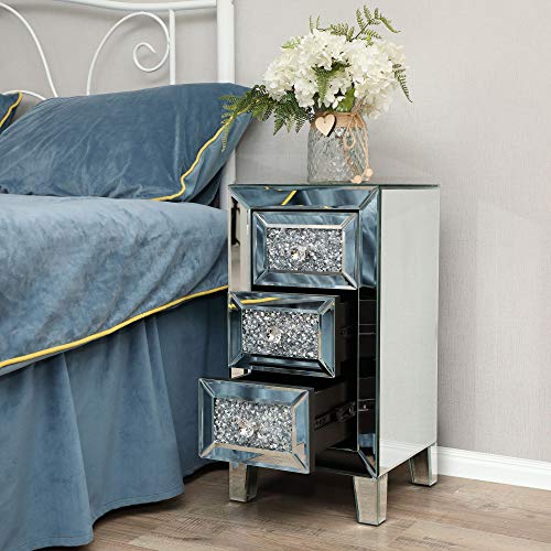 JAXSUNNY 3Drawer Mirrored Nightstand, Bedside Table with Crystal