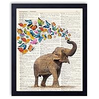 Ihopes Elephant with Butterflies Vintage Book Art Print - 8x10 Unframed