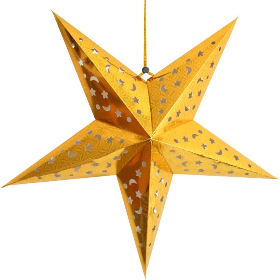 UNHO Paper Hanging Star Lantern 3D Pentagram Lampshade with Hanging Rope for Christmas Xmas Halloween Birthday Party Home Decorations,Gold