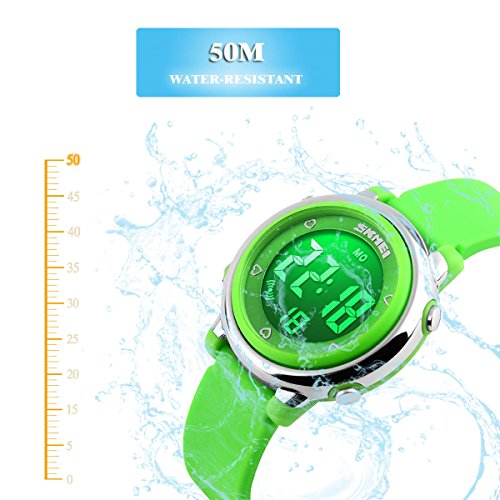 Kids Girls Boys Watches Timer with Alarm Stopwatch 7 colorful luminous Date Day (for Age 4-12, Green) - Thumbnail 2