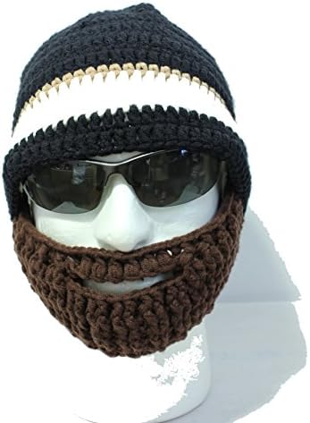 Beard Hat Black and One White/Camel Stripe with Brown Beard Milk Cotton Hand Crocheted Beanie Hat