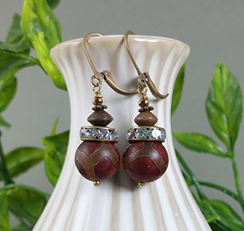 Red Agate Carved Gemstone Earrings in Matte Antique Brass with Faceted Crystals