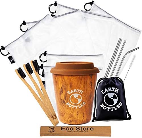 Earth Bottles - Zero Waste Kit | Sustainable Products | 6X Reusable Produce Bags, 3X Bamboo Toothbrush, 3X Stainless Steel Straws and 1x Coffee Travel Mug | Take The Plastic Free Pledge
