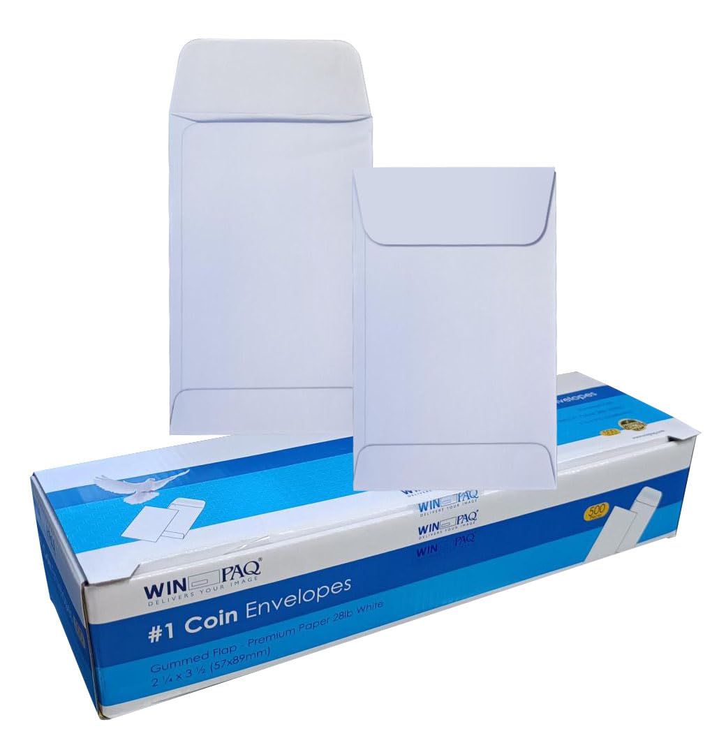 Photo 1 of #1 Coin White Envelopes 2-1/4” x 3-1/2” with Gummed Seal, 24lb paper perfect for 57 x 89mm items such as Coins, Receipts, Stamps, Small Parts Storage, & More. (500)
