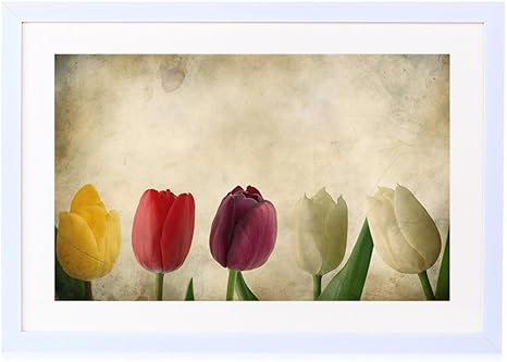 Amazon Co Jp カラフルなチューリップ テクスチャ 花 紙 木製の白色のフォトフレーム 壁の絵 壁掛け ソファの背景絵画 壁アート写真の装飾画の壁画 植物 花 40cmx30cm ホーム キッチン
