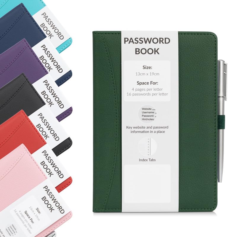 Password Book Alphabetical with Tabs - Secure Login Organiser for Websites, Username & Notes - Hardback A-Z Index Password Keeper with Pen (Bottle Green)
