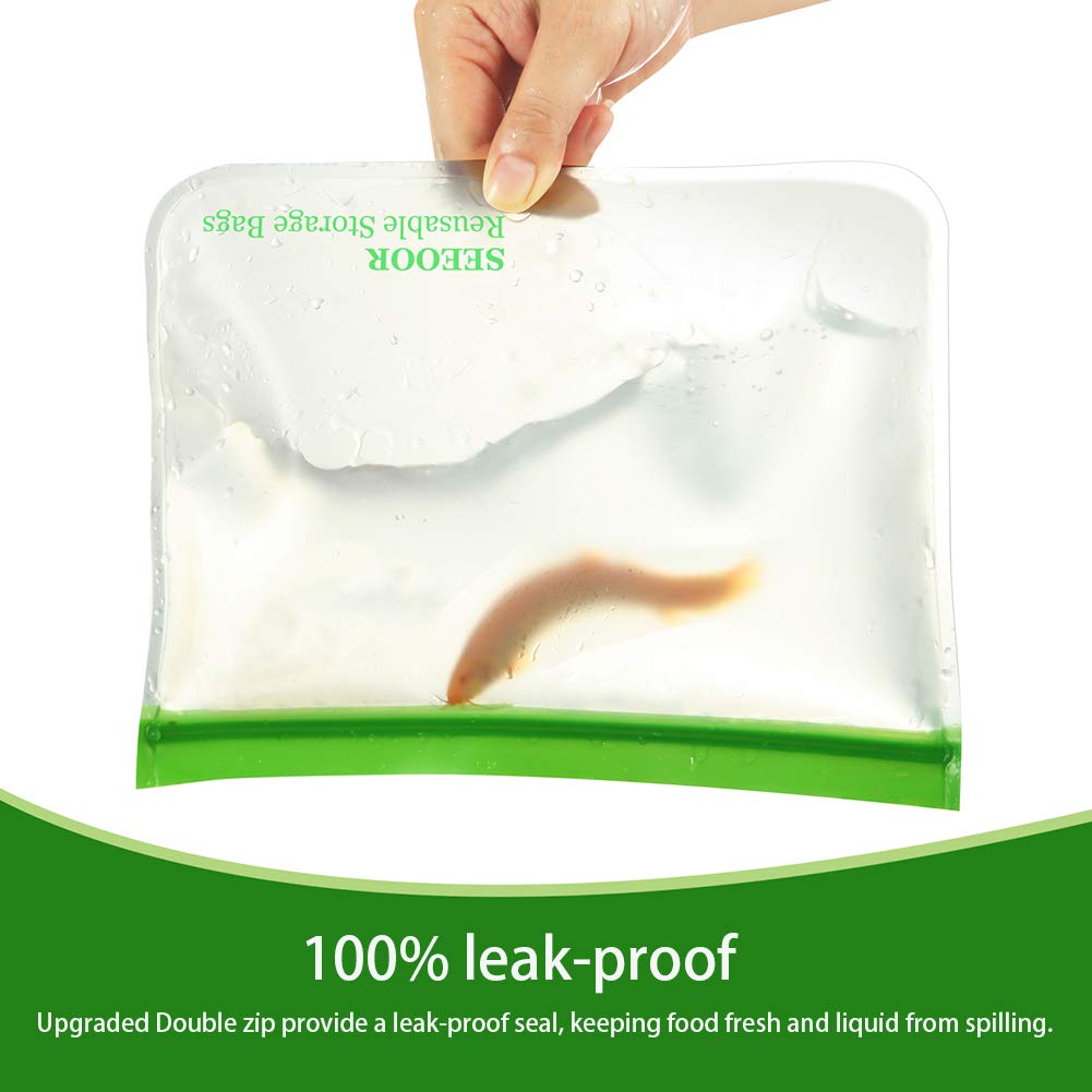 Reusable Storage Bags, SEEOOR Leakproof Freezer Bag, Ziplock Bags BPA Free for Food Snacks, Fruits, veggies, Lunch, Sandwiches, Make-up, Travel (4 Pack)