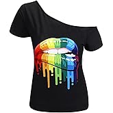 MAGICMK Women’s Short Lips Print Causal Off The Shoulder Plus Size T-Shirt Tops