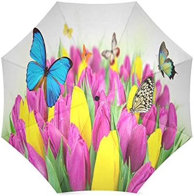 Colorful Tulips Flowers and Butterflies Custom Anti Rain Windproof Travel Golf Sports Foldable Umbrella
