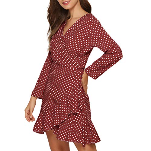 Sengei Women's Sexy Wrap V Neck Dresses Long Sleeves Polka Dot Printed Ruffle Hem Boho Summer Casual Beach Mini Dress with Belt (XXL, Red)