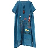 Minibee Women's Embroidered Linen Dress Summer A-Line Sundress Hi Low Tunic Clothing