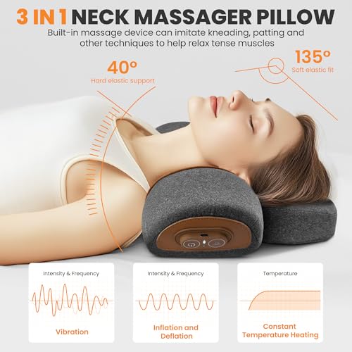 Svxhaoy 3-in-1 Neck Massage Pillow—with Heat, Massage, and Traction Stretching,Deep Tissue Massage Relieves Shoulder and Neck Muscle Pain and Stiffness,Suitable for Men and Women, Grey