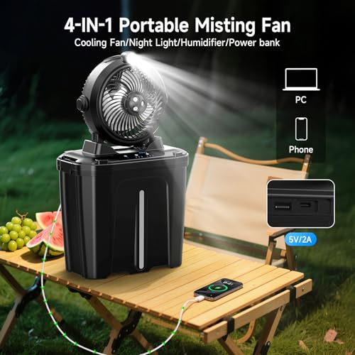 XTTANK Camping Misting Fan with 11L Bucket & LED, 20000 mAh Battery Portable Fan, 3 Speed, 3 Mist Modes, 45° Vertical Oscillation, Camping/Fishing/Travel
