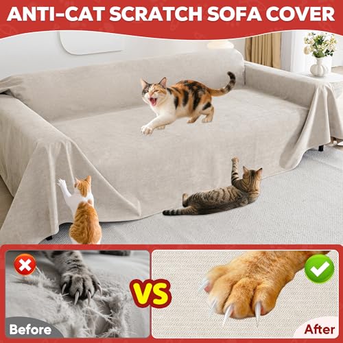 Loiion Pet Fur Sofa Covers, 3 Seater Sofa Cover, Furniture Protector for Dogs, Sofa Protector for Cats Scratches and Pet Dogs, Non-Slip Stains, Khaki, 380 x 180 cm