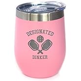 Bevvee Designated Dinker - Wine Tumbler Glass with Sliding Lid - Stainless Steel Insulated Mug - Funny Pickleball Themed Gifts and Decor - Pink