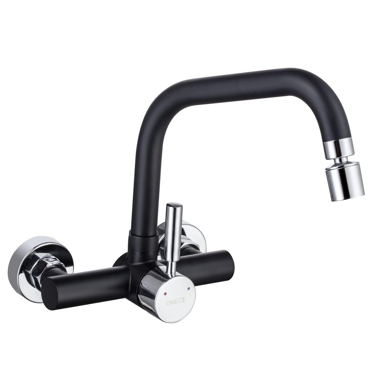 ONECE Black Wall Mounted Kitchen Tap 2 Water Jets, 304 Stainless Steel Kitchen Sink Mixer Tap with Rotating Spout, Single Handle 360° Swivel Mixer Tap Black