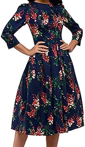 Cenglings Blouse Women's 3/4 Sleeve Floral Print A-line Vintage Printing Party Vestidos Dress