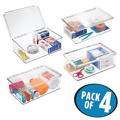 mDesign Stackable Vanity Box Organizer with Hinged Lid for Medical Supplies, Cosmetics - Pack of 4, Clear
