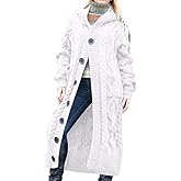 BSKNNET Hooded Open Front Sweater Cardigan for Womens Casual Long Sleeve Button Down Chunky Cable Ribbed Knit Coat