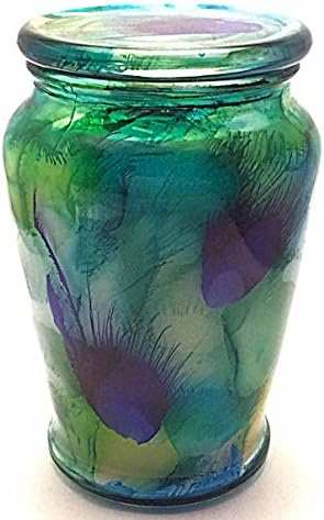 24 ounce Hand painted glass extra large Soy Candle with lid blue/green colors